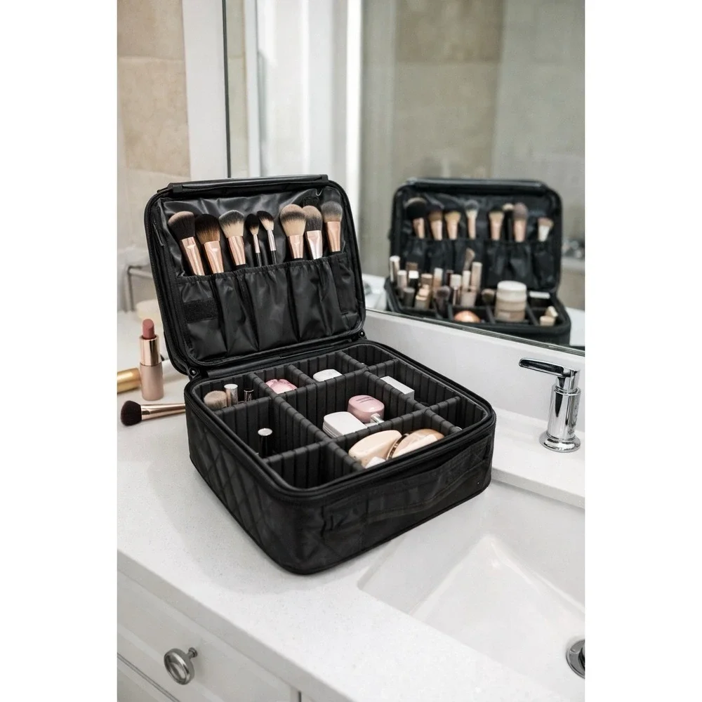 Makeup Train Case Organizer Black Travel Cosmetic Bag Adjustable Dividers